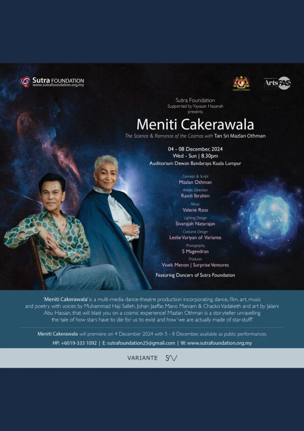Original Meniti Cakerawala 2024 production poster featuring Tan Sri Mazlan Othman and Datuk Ramli Ibrahim against a cosmic sky